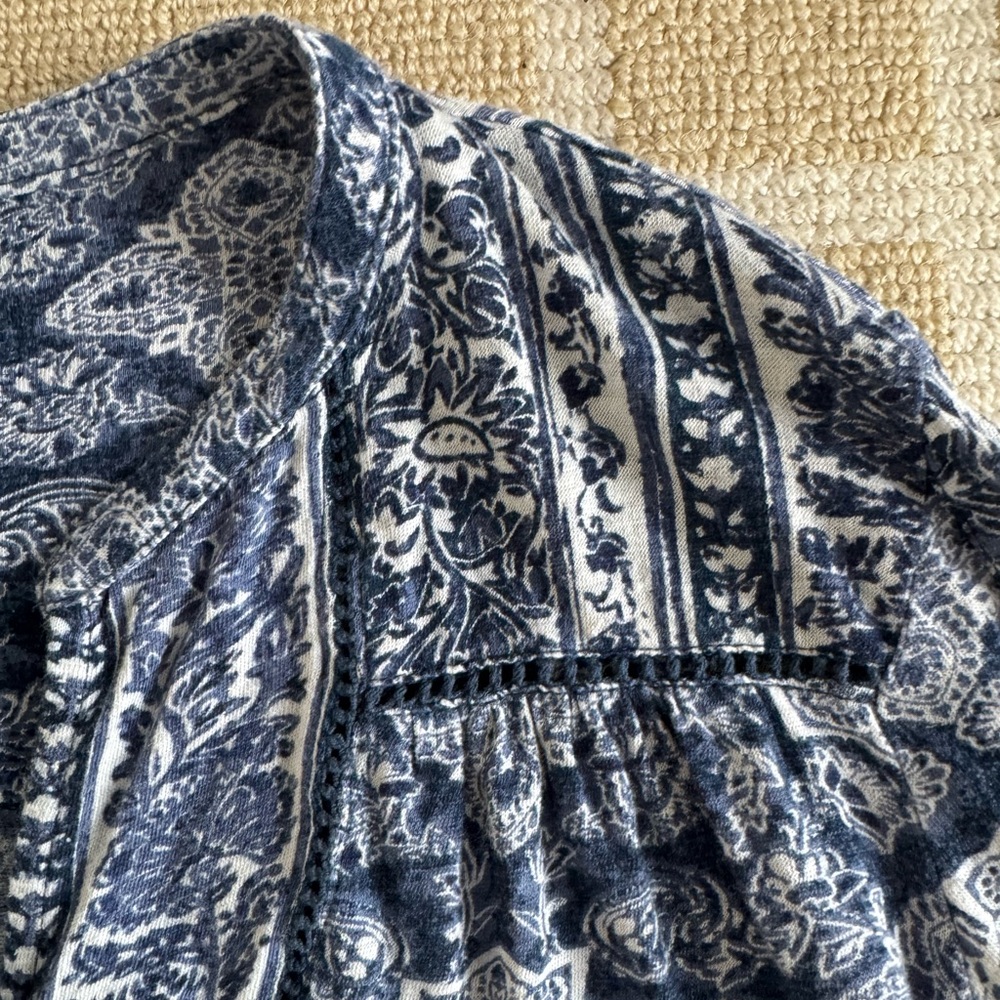 Lucky Brand Boho Floral Peasant Blouse Summer Top Festival Casual Beach Blue M - Picture 5 of 8